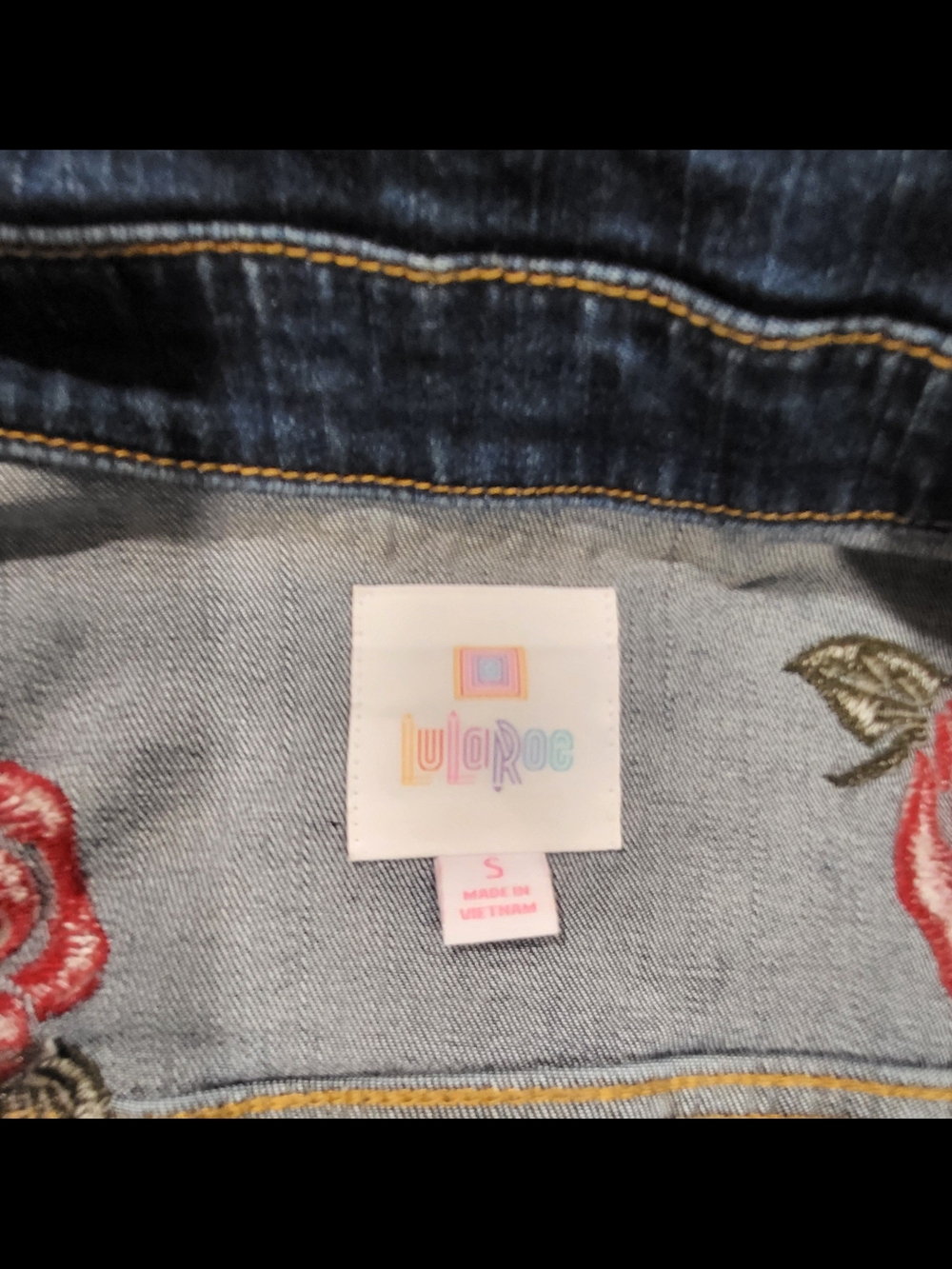 LuLaRoe Dark Denim Jacket with Red Embroidered Roses. - Picture 3 of 3